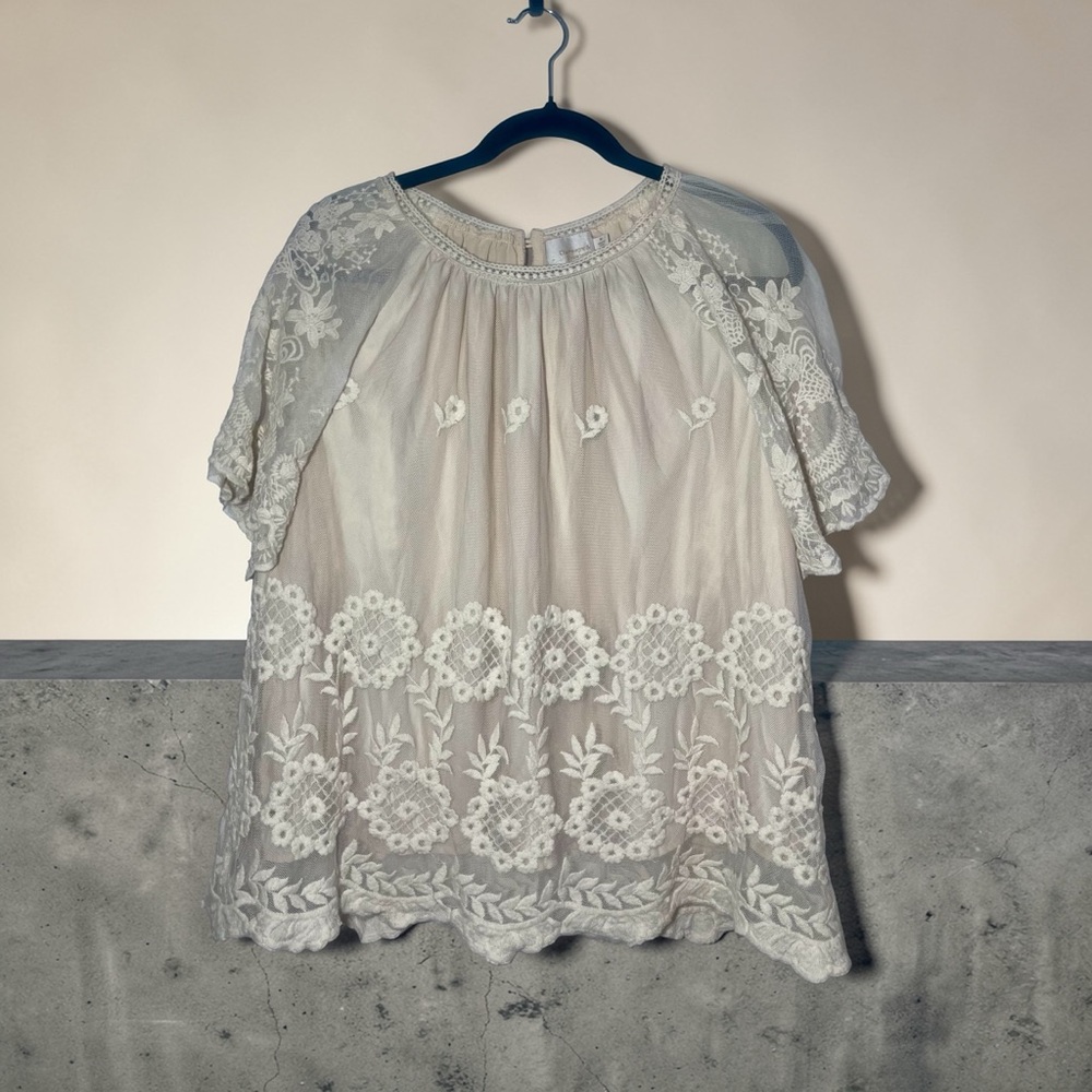 Anthropologie Champagne & Strawberry Boho Crochet Blouse Top Size M